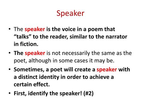 speaker definition in poetry: The speaker is the voice that narrates the poem, often reflecting the poet's own thoughts and feelings.